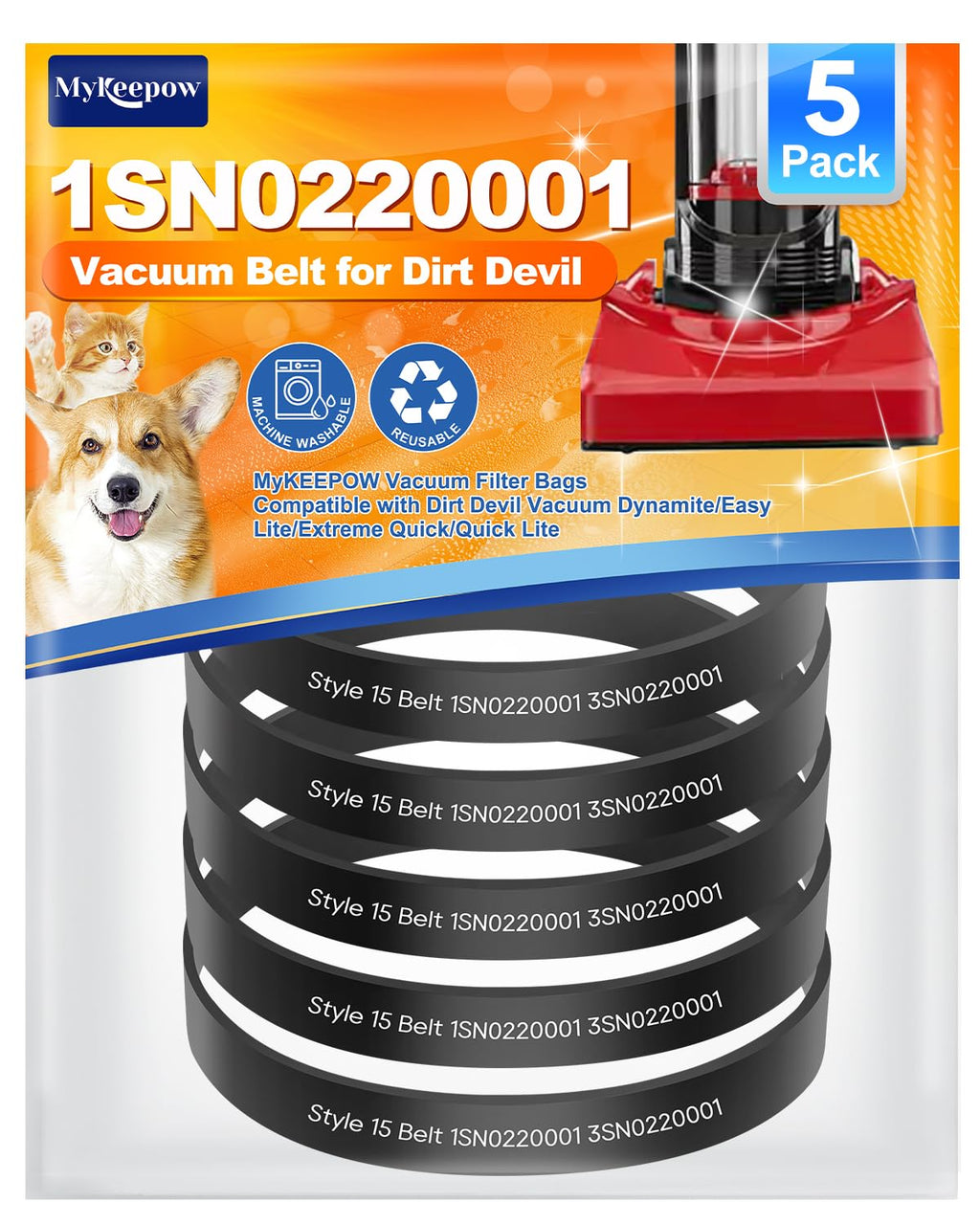 MyKEEPOW Style 15 Replacement Belts for DirtDevil Style 15 Dynamite and Power Express Upright Vacuum Cleaner, Replace Parts 1SN0220001 & 3SN0220001, 5 Pack
