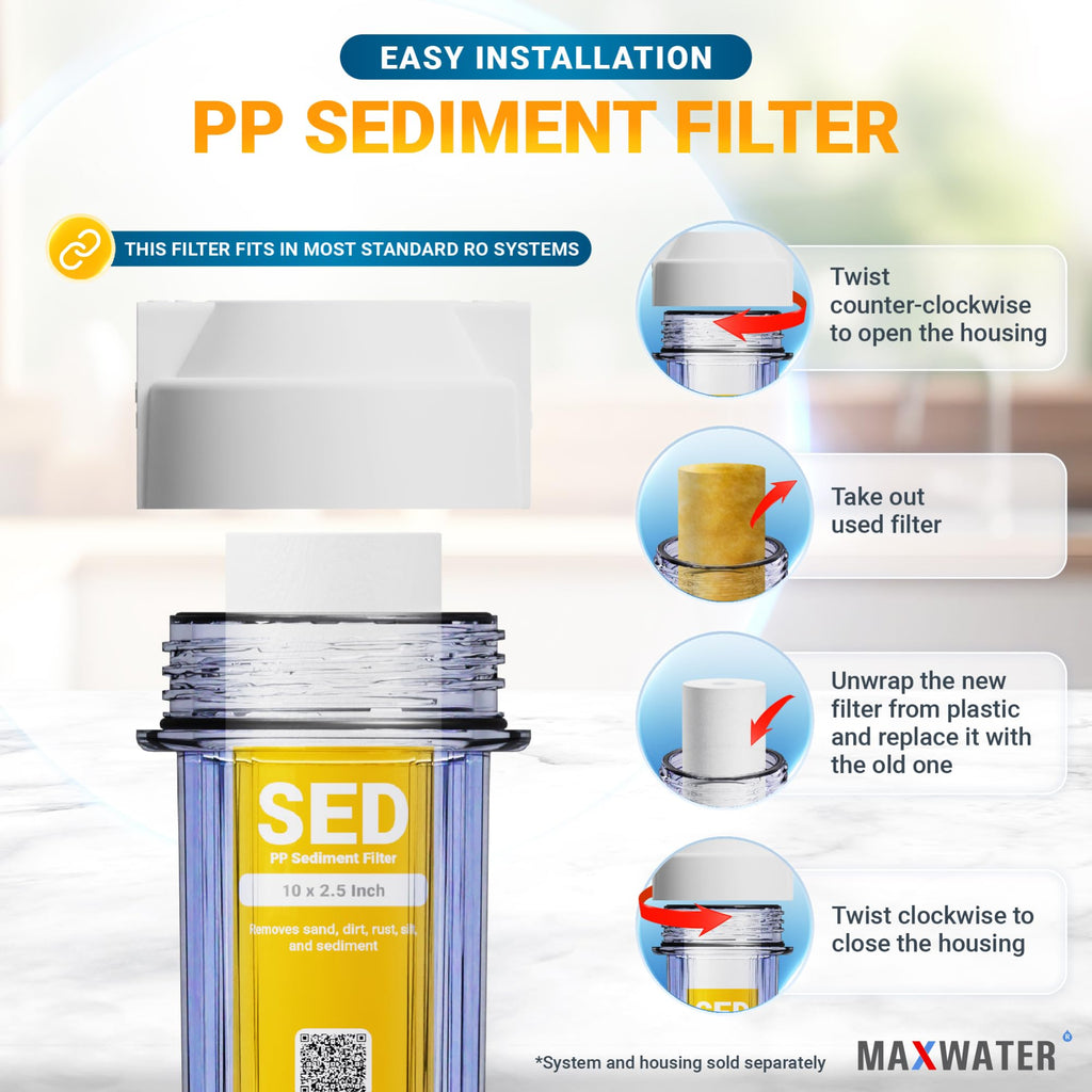Max Water 1 Micron 10 x 2.5 Sediment Filter Cartridge Replacement for Reverse Osmosis and Whole House Water Filter, Compatible with Well Water Filters - P5, AP110, WHKF-GD05, WFPFC5002 (25 Pack)