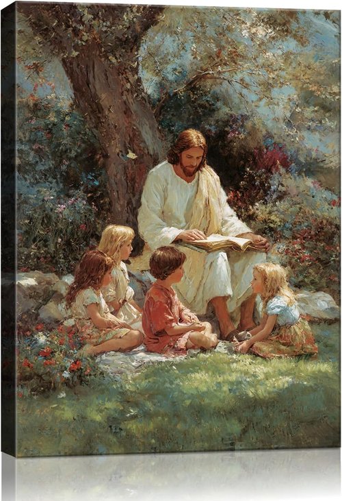 Christian Gifts for Women-Men,Religious Canvas Home Decor for Prayer Room Home Decorations Jesus with the Children Picture Jesus and Children Poster Wall Decor for Living Room Ready To Hang 16x24