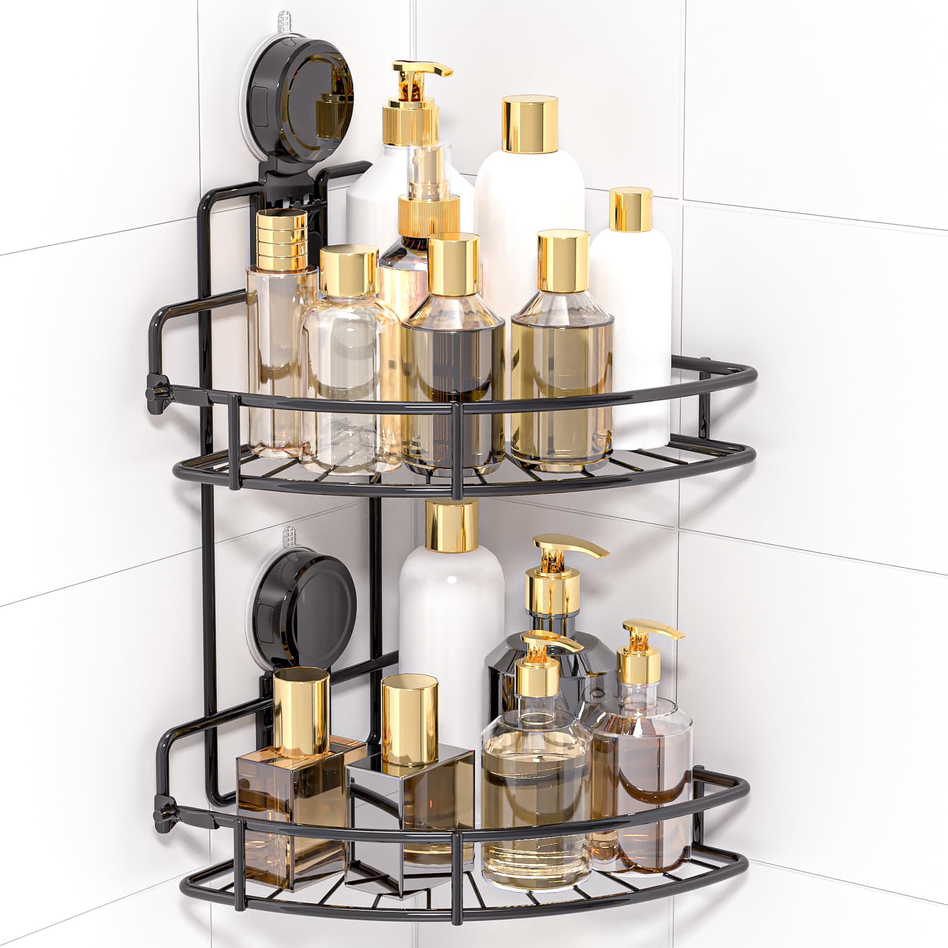 BANGMANG Shower Caddy Suction Cup, 2 Pack Suction Shower Shelf, NO-Drilling Bathroom Holder, Rustproof Bathroom Organizer for 90° Wall Corner, Black