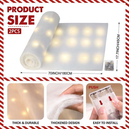 hatisan 2 Sets LED Christmas Fake Snow Blanket Roll with Lights, 70 x 17.7 Inches Artificial Snow Blanket with 100 LED Light Strings,Winter Decor for Christmas Trees Village Craft Indoor Outdoor