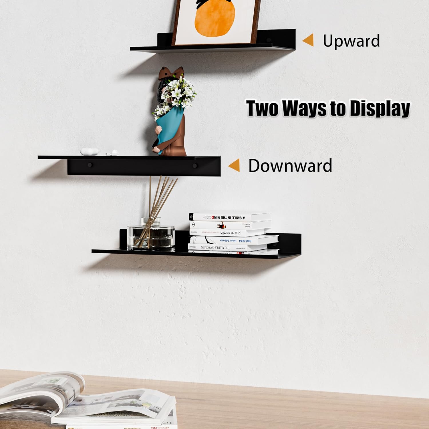Wisfame Floating Wall Shelves - Set of 3 Black Metal Shelves for Bathroom, Living Room, Office | 11.8/13.8/15.7 in