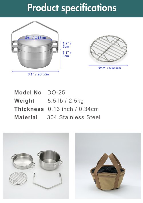 CAMPINGMOON 1.5 Quart Stainless Steel Dutch Oven 6-Inch 2 in 1 Skillet Lid Solo Camping Cookware Set DO-25