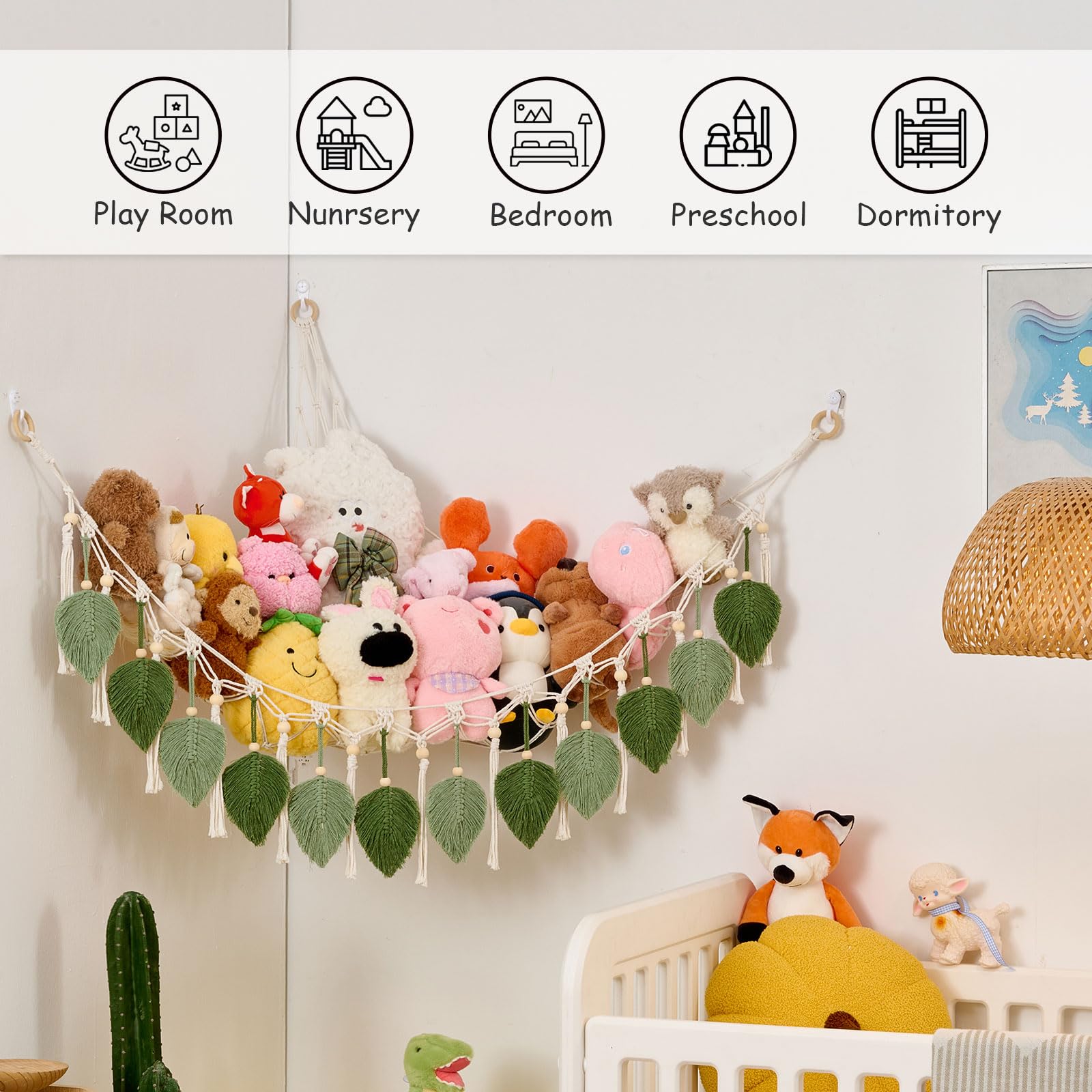 Pretty Jolly Macrame Leaf Wall Hanging Storage Hammock, 59" Boho Corner Organizer with Tassels, Stuffed Animal Plush Holder for Kids Room Nursery Decor (Avocado Green & Sage Green)