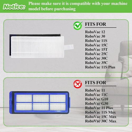 Replacement Parts for Eufy Robovac 11s, 12, 15C, 15T, 25C, 30, 30C, 35C Vacuum Parts, the eufy filter replacement parts include: 8 side brushes, 8 hepa filters, 1 rolling brush, 1 cleaning brush