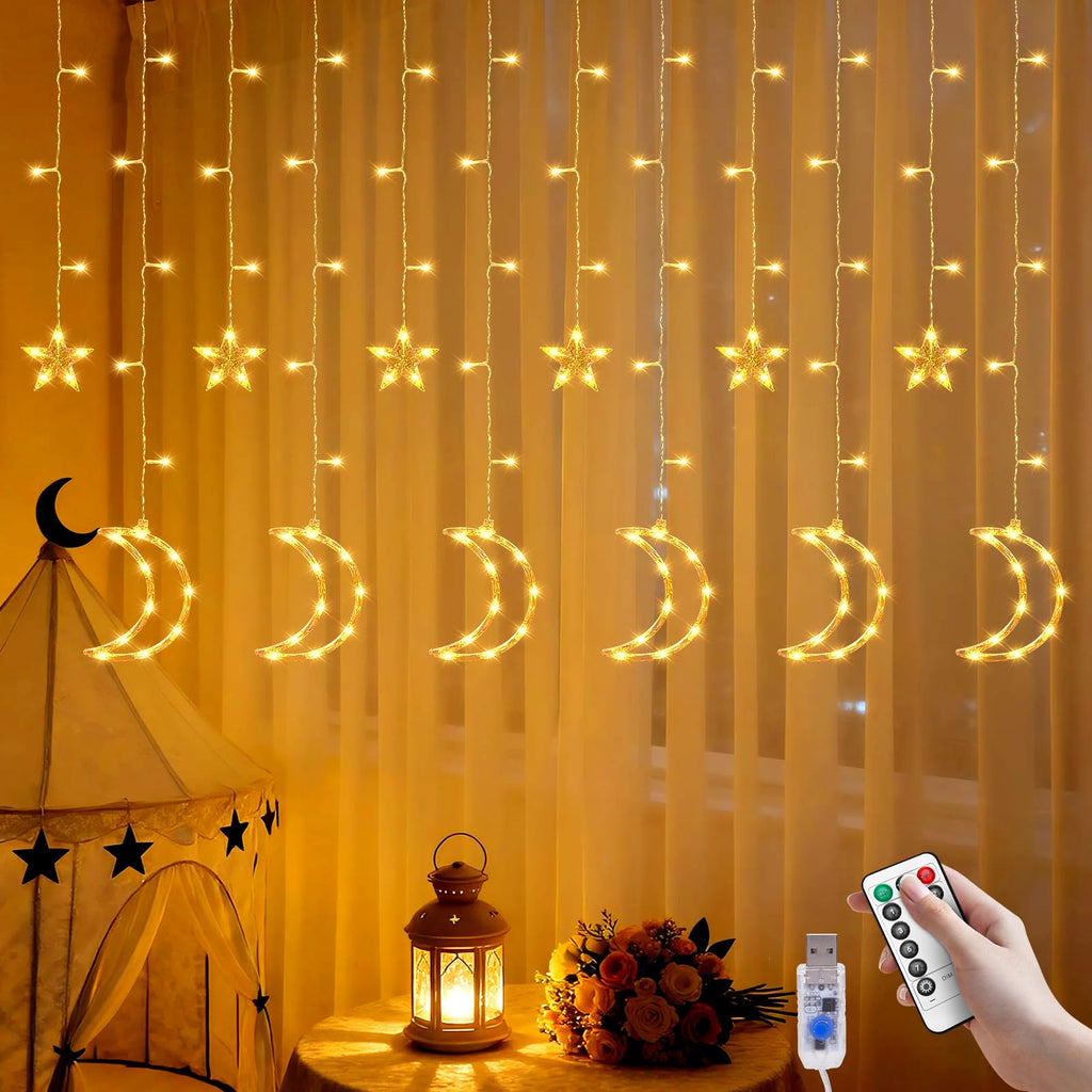 BomKra Dazzle Bright Ramadan Curtain String Lights, 138 LED Warm White Star Moon Fairy Lights 8 Lighting Modes with Remote and 12 Hooks for Bedroom Wall, Outdoor Party, Ramadan Decorations