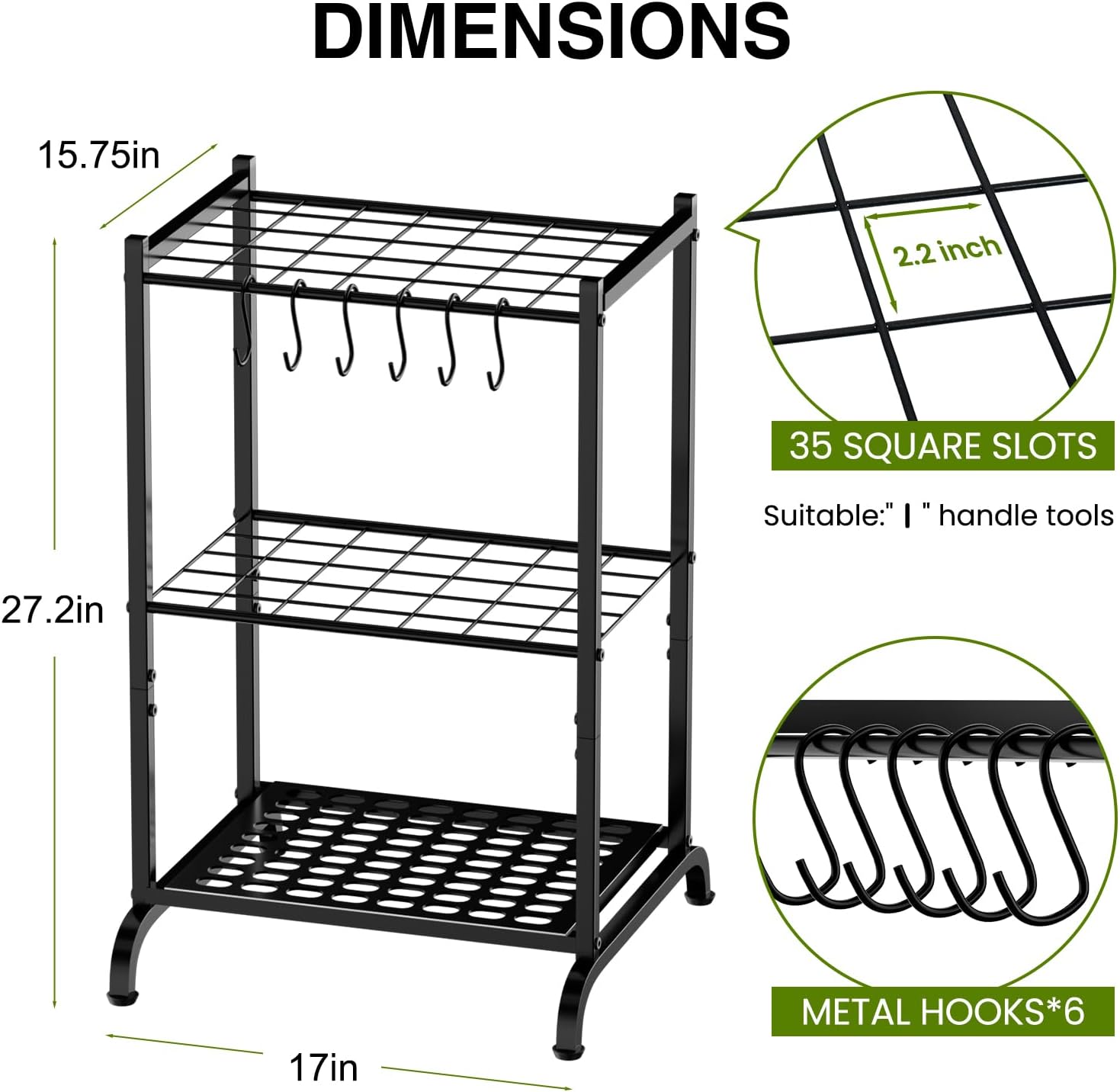 RANXFLOAT Garden Tool Organizer - Metal Tool Holder with 6 Hooks for Up to 35 Long-Handled Tools | Black