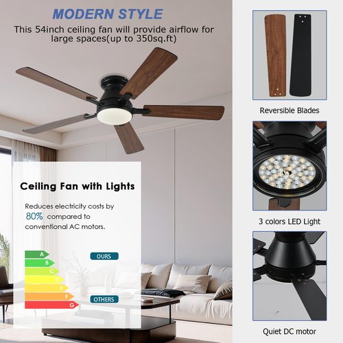 Ayaoty 54 inch Ceiling Fans with Lights and Remote, Low Profile Ceiling Fan with Light, Flush Mount, Reversible, 3CCT, Dimmable, Noiseless, Brown Ceiling Fan for Bedroom, Indoor/Outdoor Use