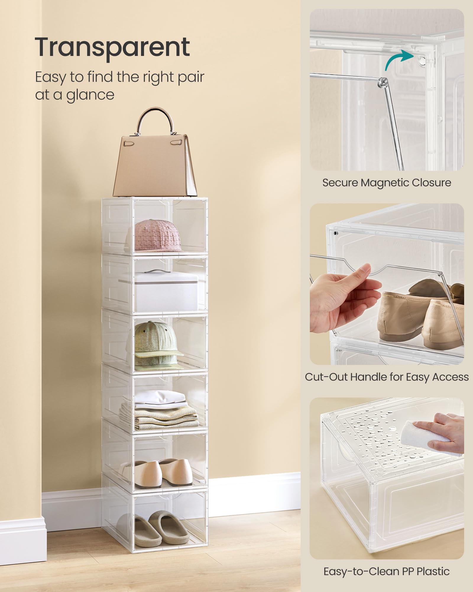 SONGMICS Shoe Boxes, Set of 6, Clear Plastic Shoe Storage, Stackable Sneaker Box, Drop Front Door, Up to US Size 11, Easy Assembly, 13 x 9.8 x 7.1 Inches, Transparent White ULSP032W06