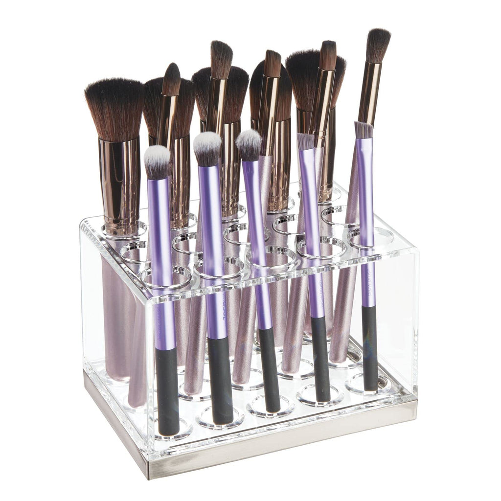 mDesign Plastic Makeup Brush Storage Organizer with 15 Slots for Bathroom Countertop, Vanity to Hold Eye/Lip Pencils, Lip Gloss, Liners, Lipstick - Clear/Brushed