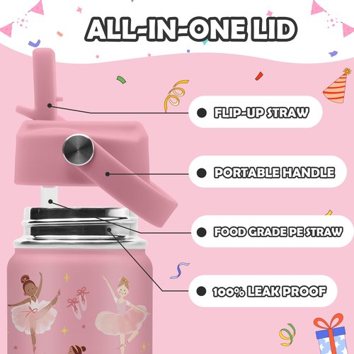 ROVOZAR Ballet Water Bottle for Girls - 16oz Dance Stainless Steel Water Bottle with Straw - Cute Dancer Insulated Cup - Pink Ballerina Kids Tumbler for School, Sports, Travel