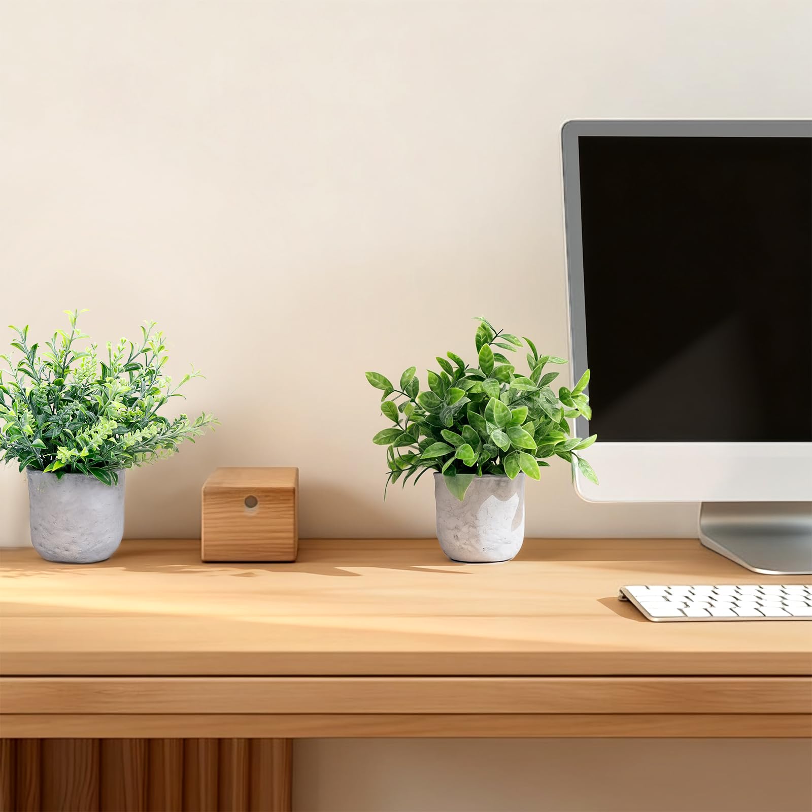 FGSAEOR Mini Potted Fake Plants, Small Artificial Greenery Realistic Plants Topiaries, Low Maintenance, for Home Office Shelf Desk Farmhouse Room Coffee Table Decor (3-Pack) (Grey (Round Pot))
