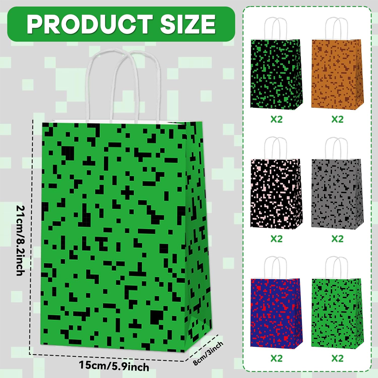Skiennix Pixel Party Favors Bags - 12 PCS Video Game Themed Treat Bags with Handles for Boys & Girls