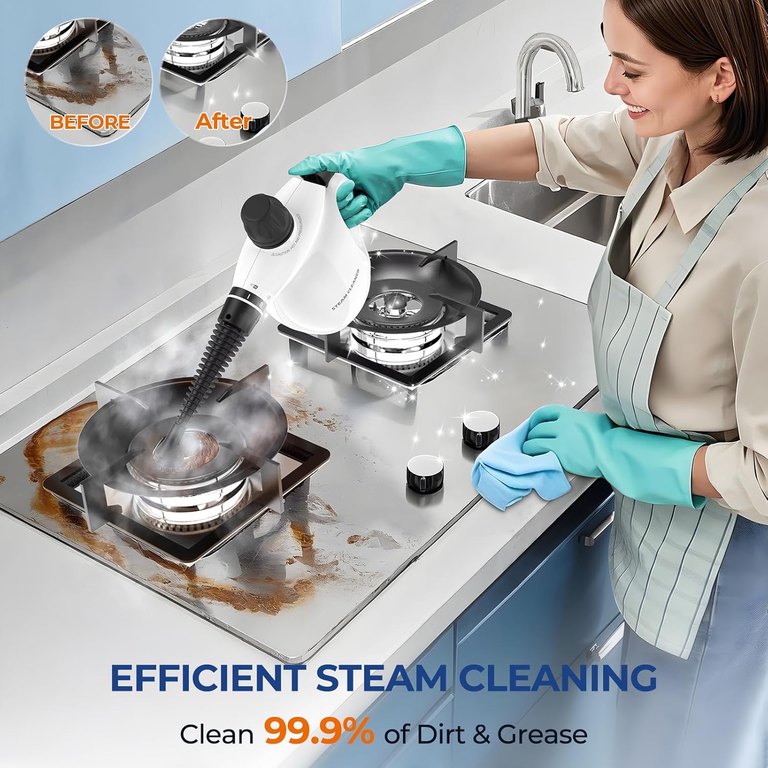 Skiennix Steam Cleaner - Pressurized Handheld Deep Cleaning Steamer with 13 Accessories | Portable Multi-Purpose for Home, Car, and Upholstery - White