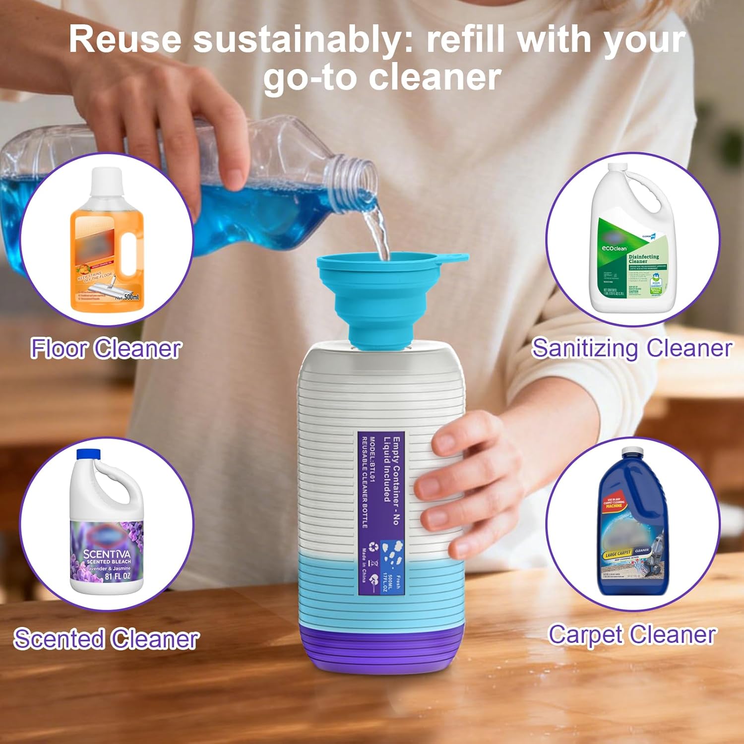 Skiennix Refillable Bottle for Swiffer Power Mop - 500ML Leak-Proof Solution Container with Funnel