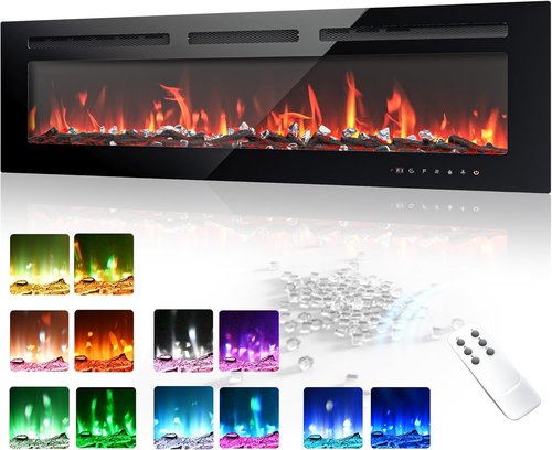 EUHOMY 50-Inch Electric Fireplace - Wall Recessed & Mounted | Adjustable Flame Color, Remote Control, Timer