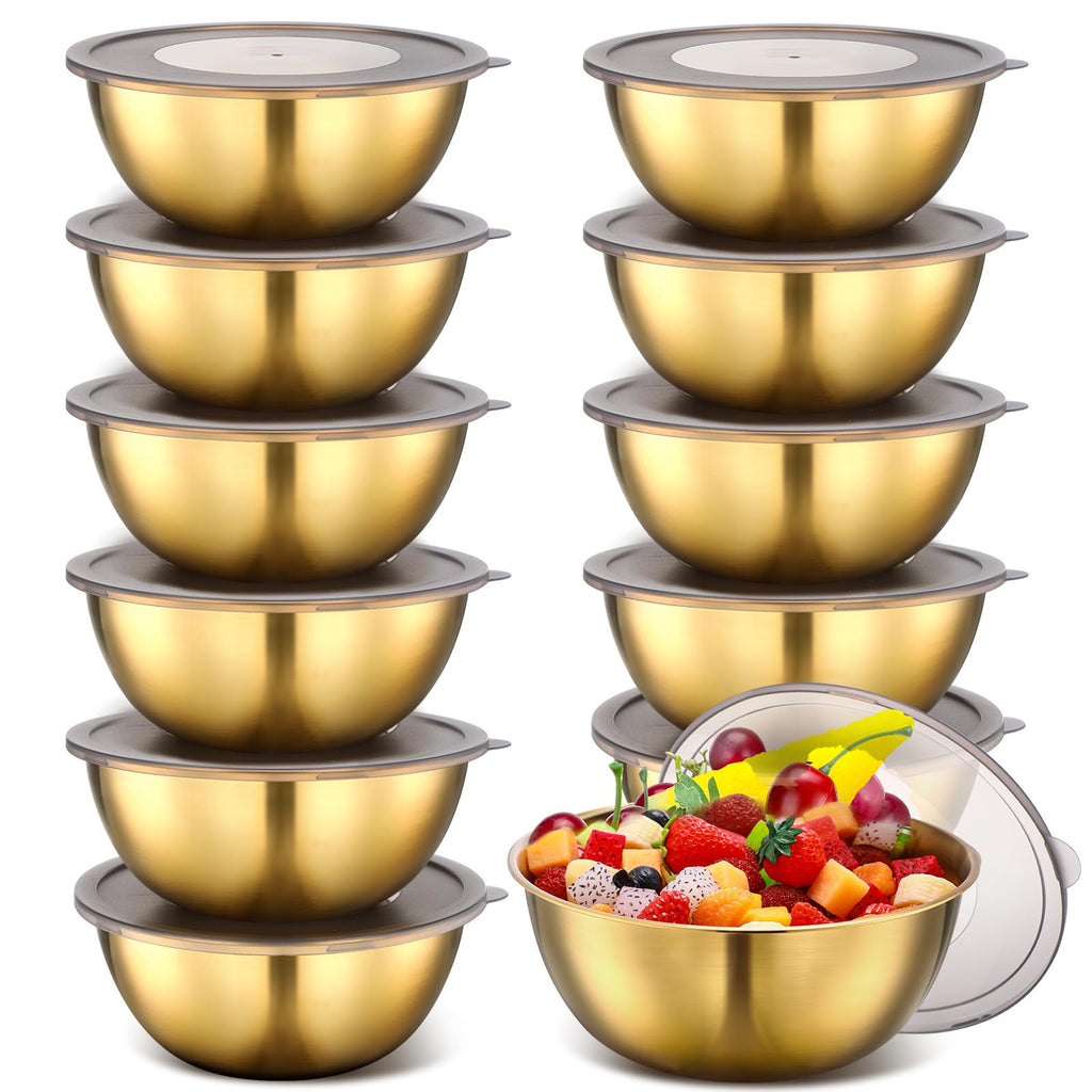 Nuogo 12 Pack 8.27 Inches Gold Stainless Steel Mixing Bowls with Airtight Lids Stackable Metal Serving Esthetician Facial Bowls for Salad, Fruit, Soup & Kitchen Prep