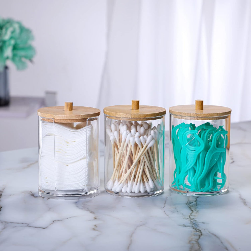 Skiennix Qtip Holder Set - 3 Pcs Clear Acrylic Dispensers with Bamboo Lid for Bathroom Storage