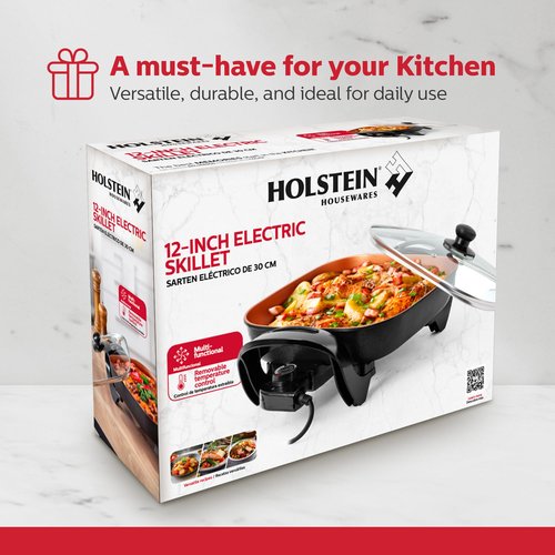 Holstein Housewares 12-Inch Electric Skillet - 1400W Electric Pan with Adjustable Temperature Control, PFOA-Free Non-Stick Coating, Cool-Touch Handles, Multi-Function Cooker, Copper & Black