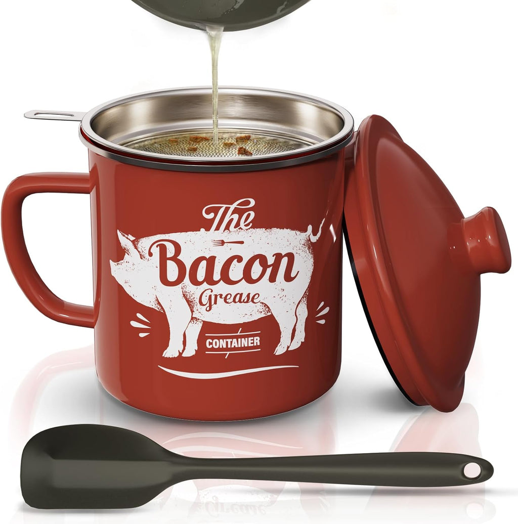 Skiennix Bacon Grease Container - 46oz Enamel Keeper with Strainer & Silicone Spatula | Red, Dishwasher Safe