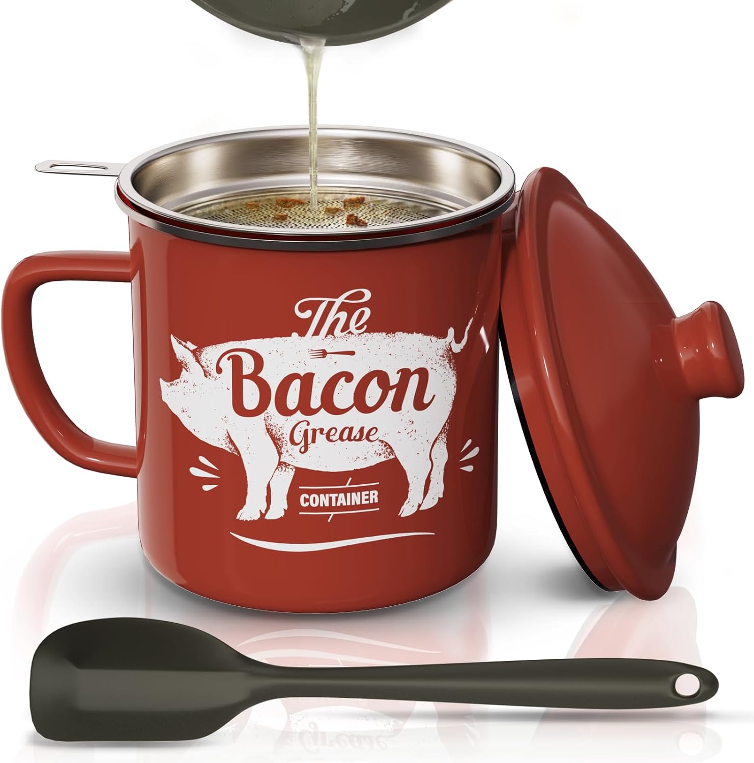 Skiennix Bacon Grease Container - 46oz Enamel Keeper with Strainer & Silicone Spatula | Red, Dishwasher Safe