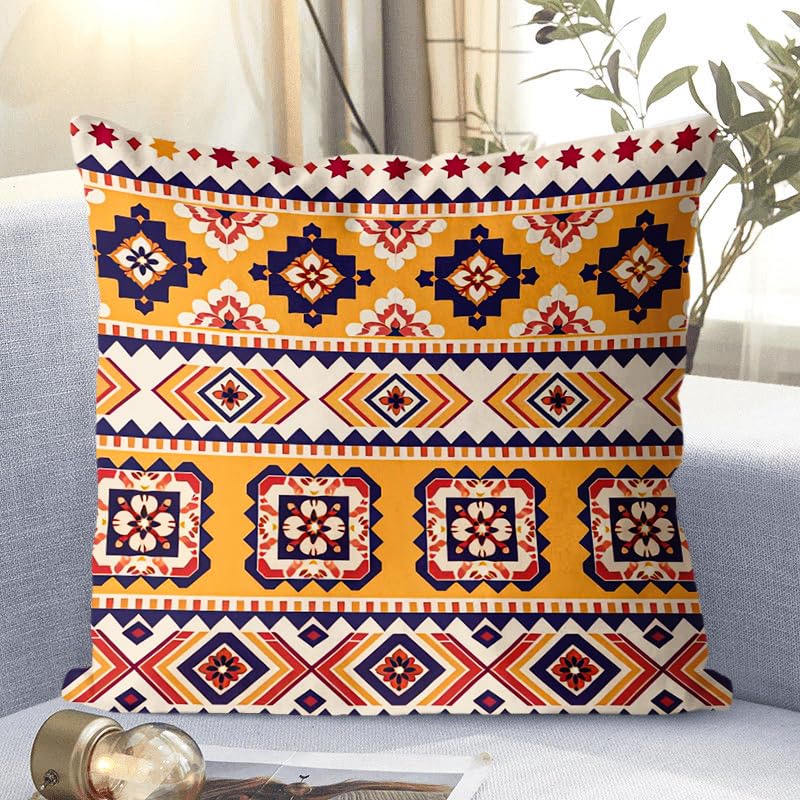Boho Throw Pillow Covers 18x18 Set of 4, Bohemian Linen Decorative Cushion Case