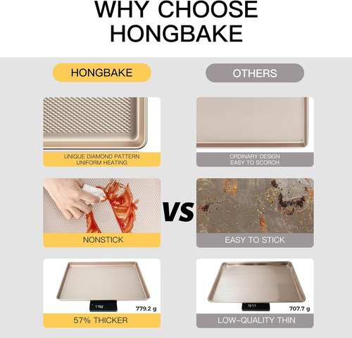 HONGBAKE Jelly Roll Pan 15x10 | Commercial Nonstick Baking Sheet with Diamond Texture, 57% Thicker Carbon Steel