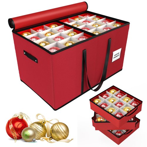 Tufmunb Christmas Ornament Storage Box, Stores 96-4" Large Ornaments with Individual Trays, Ornament Organizer Storage Box, Durable 600D Oxford Material, Extra Pockets, Dual Zipper - Red