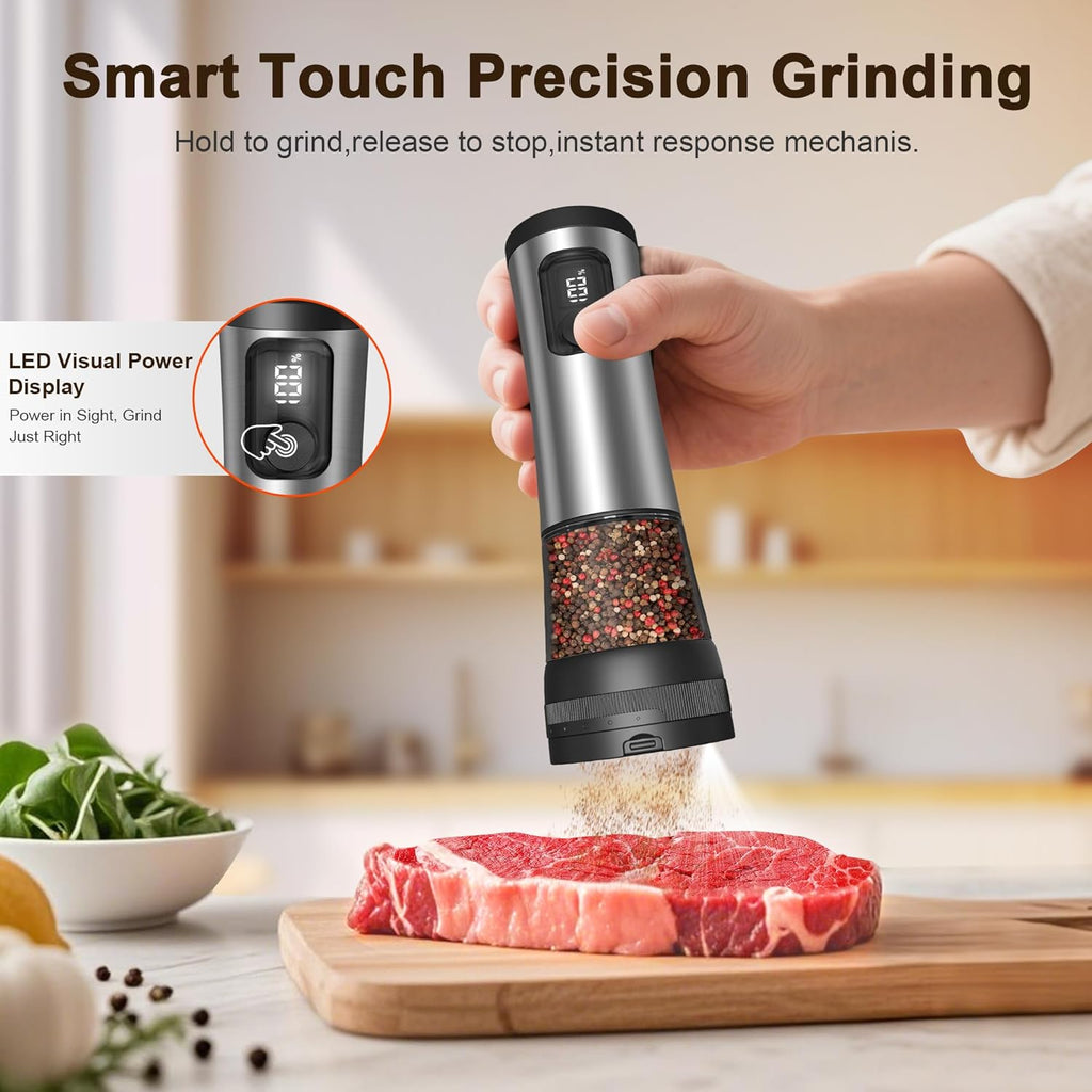 Skiennix Electric Salt and Pepper Grinder Set - Rechargeable Stainless Steel Mill with LED Light & 100ml Capacity