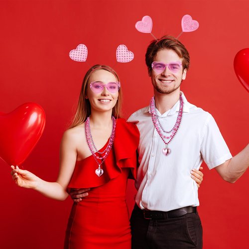 Kanayu 72 Pcs Valentine's Day Accessories Set Include 24 Heart Headbands Head Boppers 24 Heart Shape Sunglasses 24 Beaded Necklace for Valentine Party Favors Costume Supply(Pink)