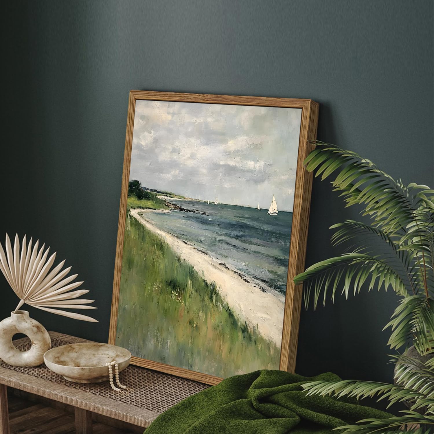 Skiennix Vintage Coastal Sailboat Wall Art - Rustic Nautical Canvas Print for Living Room | 12x16 Inch Framed