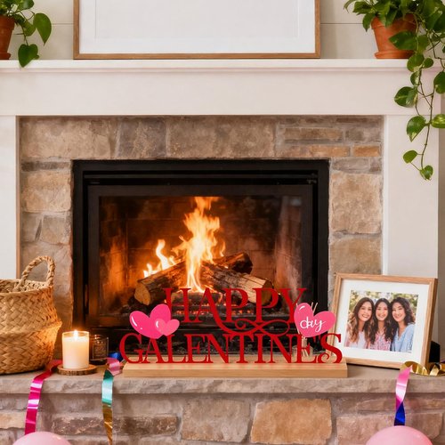 Cinnvoice Happy Galentine's Day Decorations Meta Happy Galentines Letter Table Sign Farmhouse Friendship Valentine Tabletop Decorations with Wooden Base for Holiday Mantel Home Party Supplies
