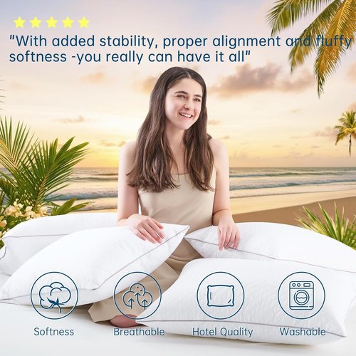 JOLLYVOGUE Queen Size Pillows Set of 4 - Oeko-Tex Certified, Medium Support, Machine-Washable Down Alternative