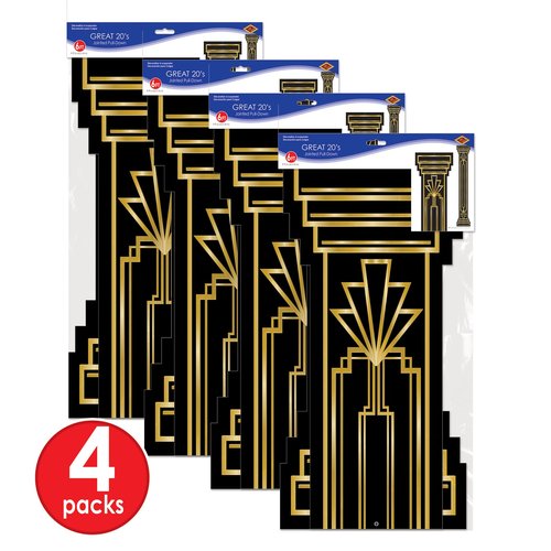 Beistle 4 Piece Roaring 20's Column Pull Down Cut Outs 1920's Theme Awards Night Party Decorations, Black/Gold