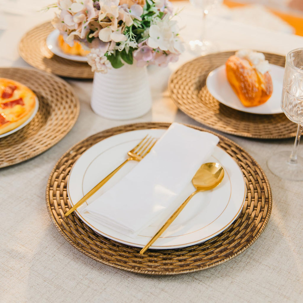 osgevei 13in Charger Plates Set of 12- Faux Rattan Chargers for Dinner Plates- Brown Round Plastic Plate Charger- Farmhouse Rustic Table Charger for Wedding, Party,Halloween, Thanksgiving, Christmas