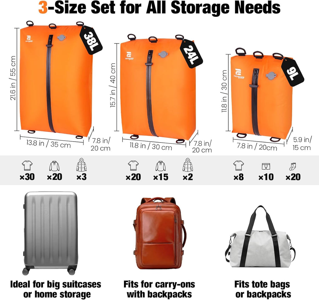 Skiennix Vacuum Bags for Travel - 3-Pack Reusable Compression Bags with Pump | Waterproof Space Saver in Orange