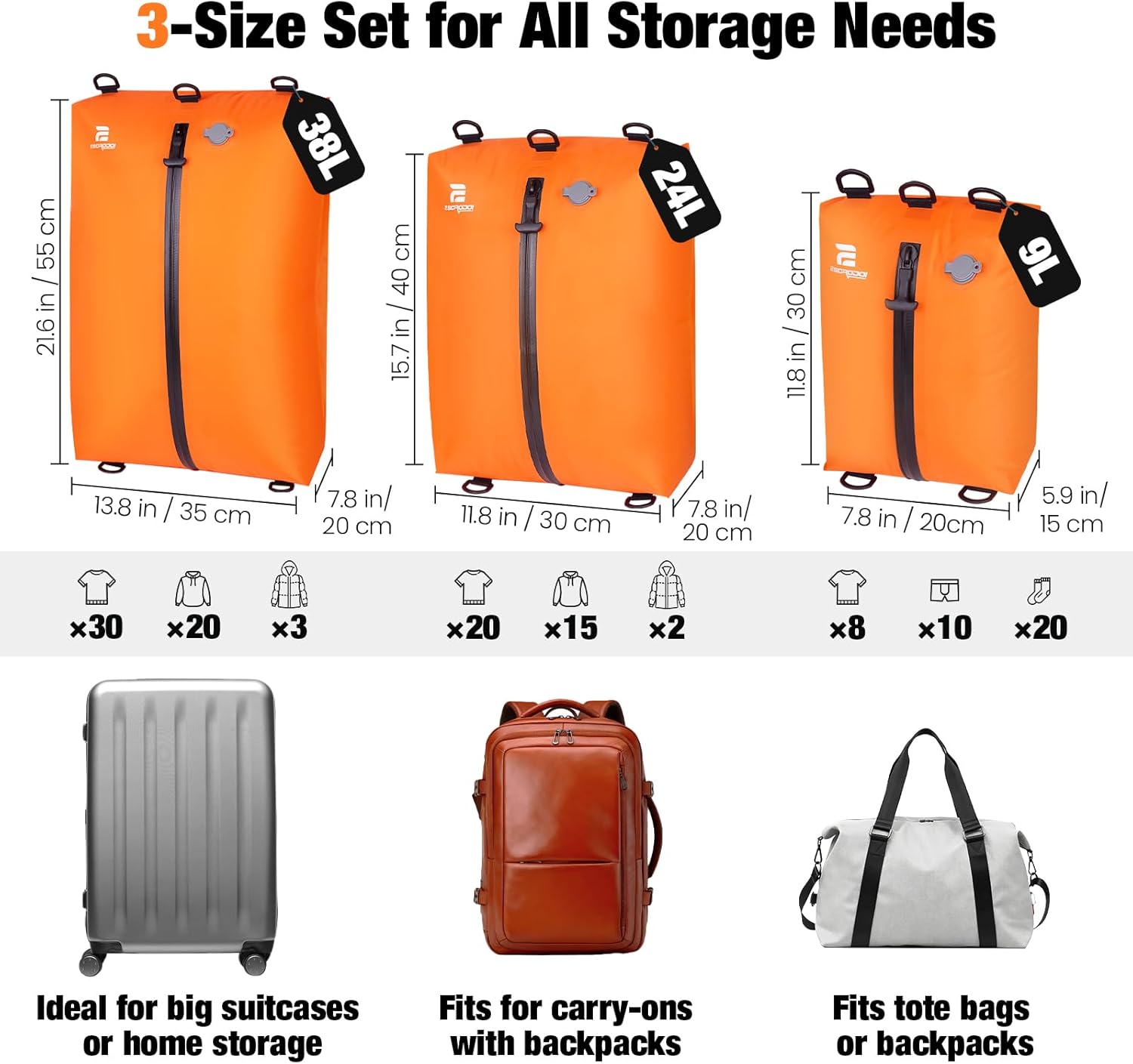 Skiennix Vacuum Bags for Travel - 3-Pack Reusable Compression Bags with Pump | Waterproof Space Saver in Orange