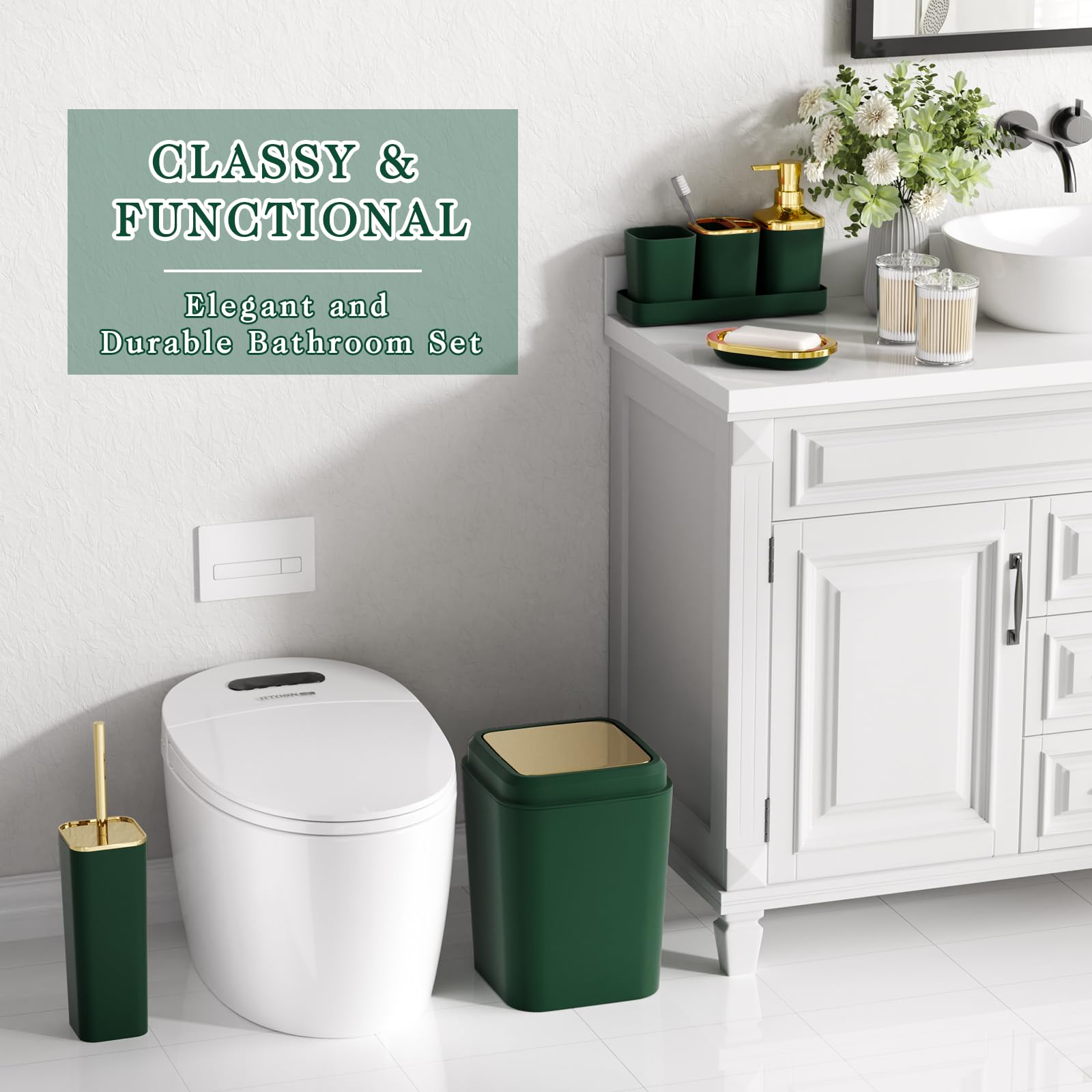 XLHOMO Bathroom Set - Dark Green Bathroom Sets with Shower Curtain and Rugs, 24PCS Shower Curtain Set with Hooks, Soap Dispenser, Soap Dish, Toilet Brush Holder and Trash Can for Housewarming