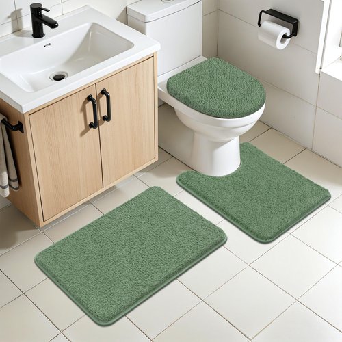 SHACOS Sage Green 5 Pieces Bathroom Rugs Set with Toilet Lid Cover Ultra Soft Absorbent Microfiber Bath Mat U Shape Contour Rug for Bathroom, Non Slip Machine Washable Bath Runner Rugs for Bedroom