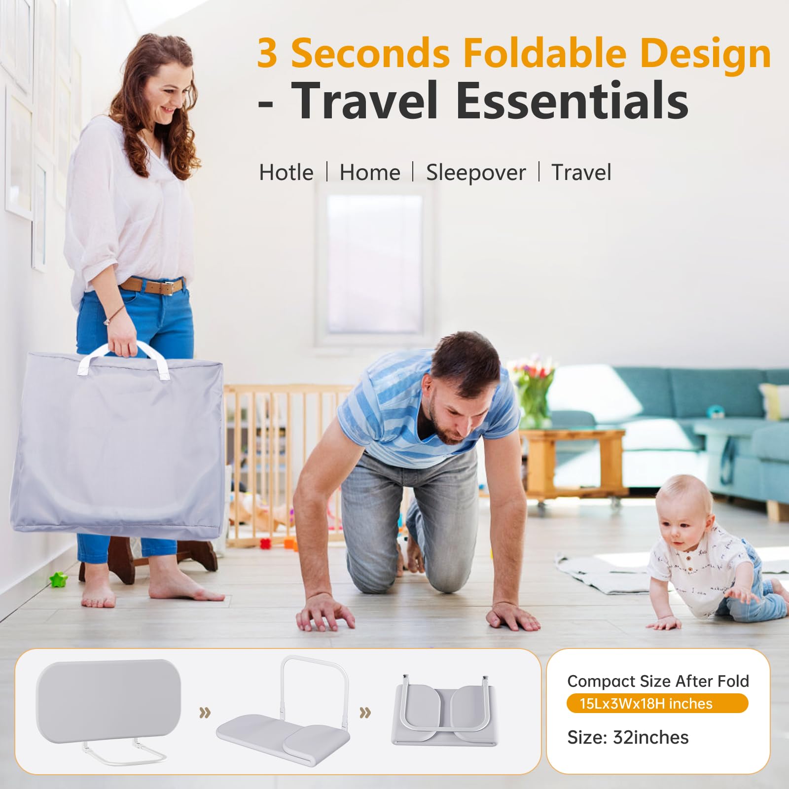 strenkitech Toddler Bed Rails for Travel - Baby Guard Bed Rail Portable for Crib, Twin, Queen, Full, King Size Beds - Easy to Assemble, Safety Bed Side Rail for Toddlers and Kids