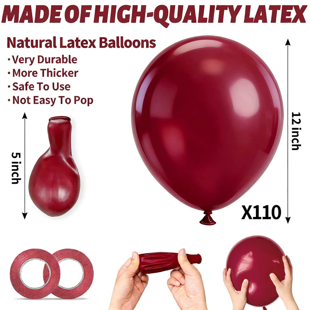 110pcs Burgundy Red Balloon 12 Inch, Burgundy Red Latex Balloons for Birthday Party Baby Shower Wedding(with 2 Ribbons).