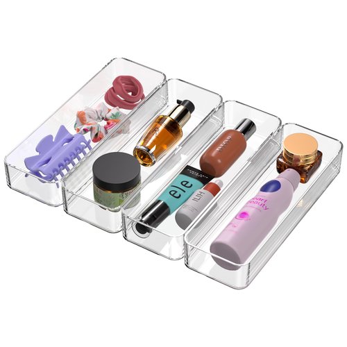 CHANCETSUI Clear Vanity Drawer Organizer Storage : Stackable Plastic Storage Tray For Makeup And Personal Care, 4 Pieces, 3x9 Inch