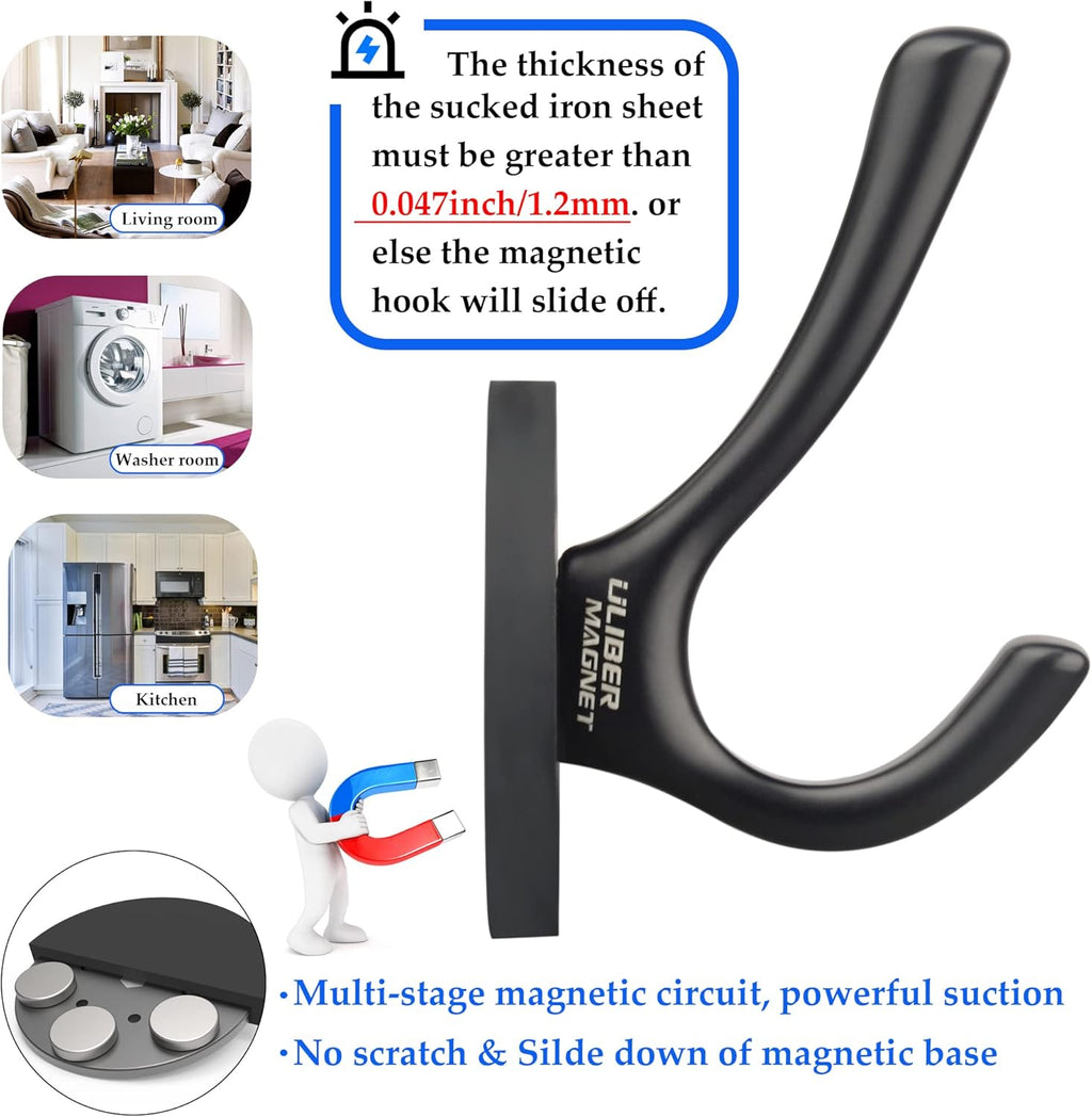 ULIBERMAGNET Heavy Duty Magnetic Double Hooks - Sturdy Rubber Coated Hooks for Coats, Towels & Keys (Black)