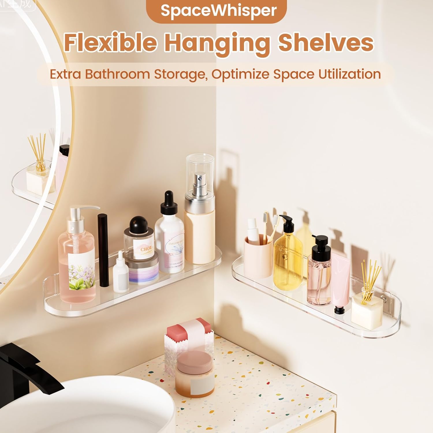 SpaceWhisper Floating Wall Shelves - 6-Pack 15" Clear Display Organizers for Bathroom, Bedroom & Living Room