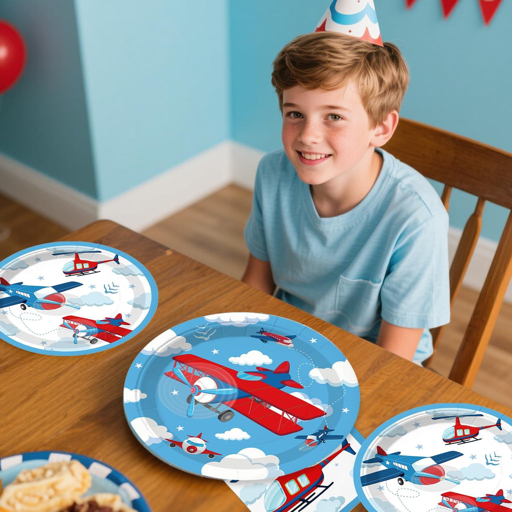 212 Pcs Airplane Birthday Party Decorations, Airplanes Party Banner Balloons Blue Sky and Red Paper Plates Napkins Set with 2 Pcs Airplane Table Cloth Airplane Flight Plane Themed Decorations