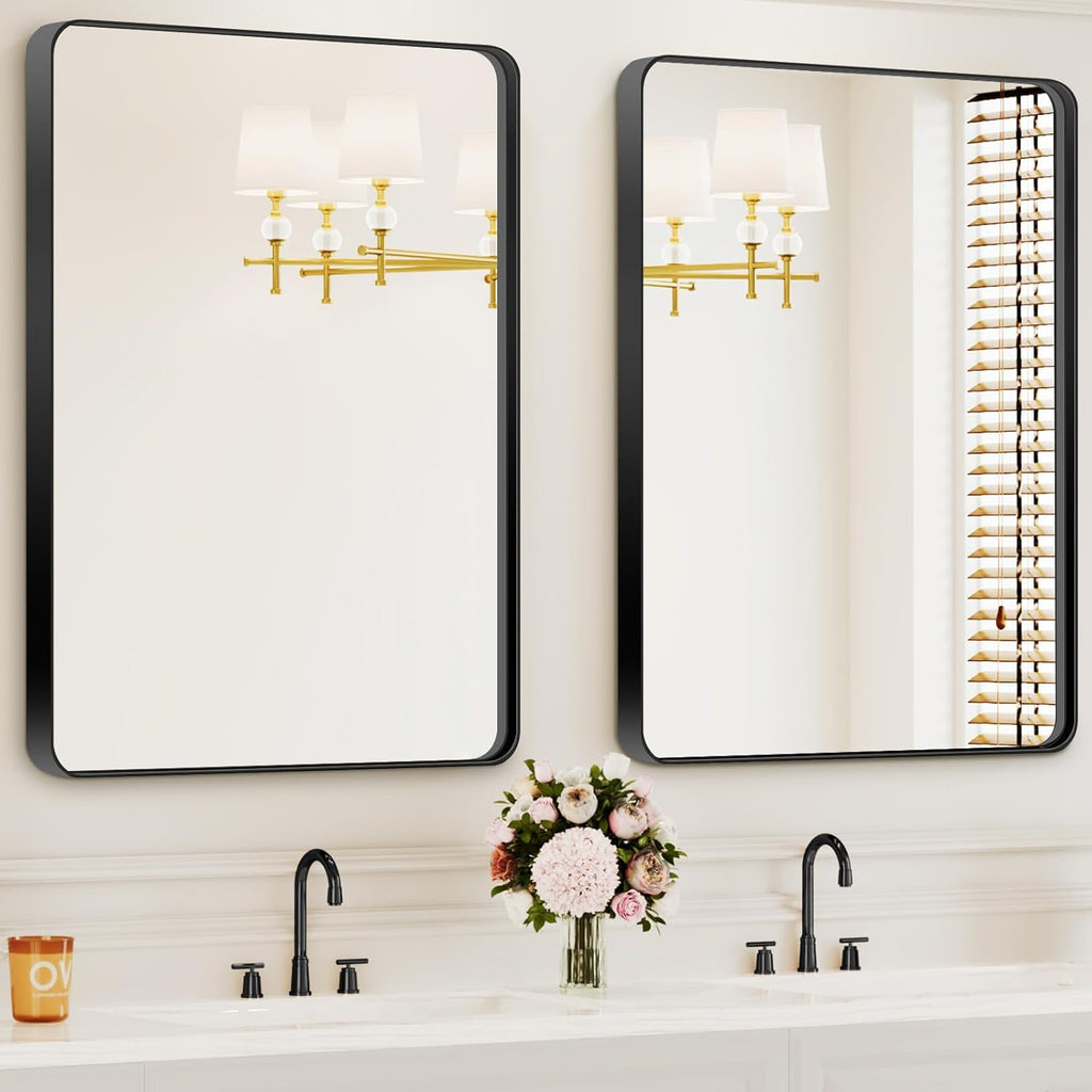 Regine Switzerland Bathroom Mirrors - 2-Piece 24x36 Inch Black Metal Frame Vanity Set | Versatile Horizontal/Vertical Hanging