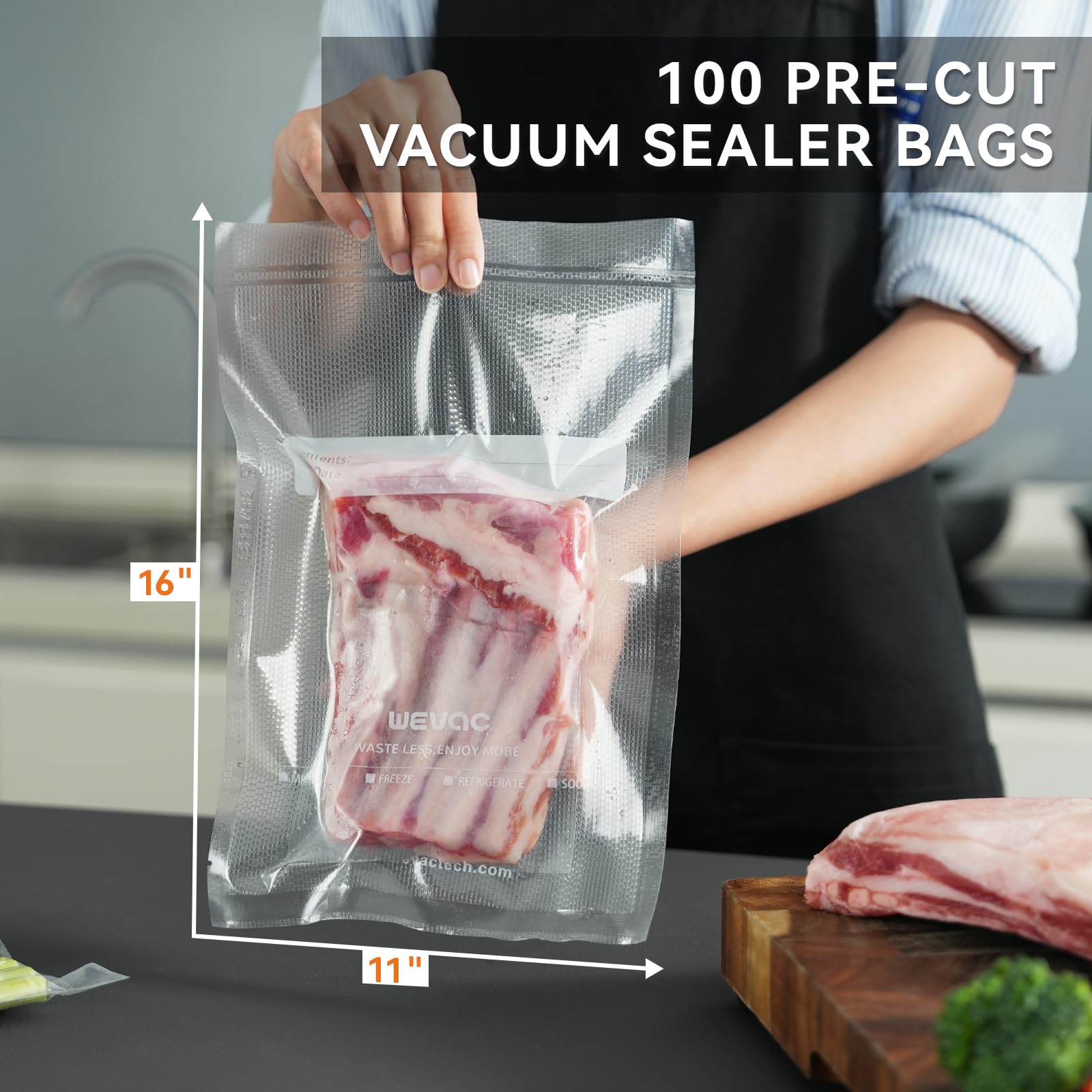 Wevac 11" x 16" Precut Vacuum Sealer Bags, 100 Count, Includes 5 Liquid Block Bags & 5 Bone Guard Pieces, Heavy Duty for Food Storage, Sous Vide & Meal Prep