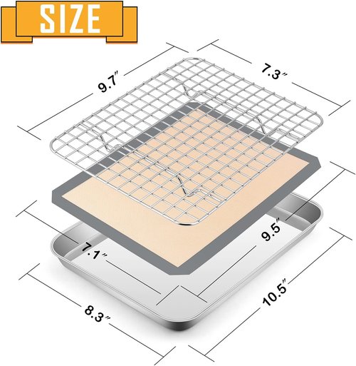 E-far Stainless Steel Baking Sheet Set - 10.5”x8.3” Cookie Sheet Pan with Wire Rack & Silicone Mat