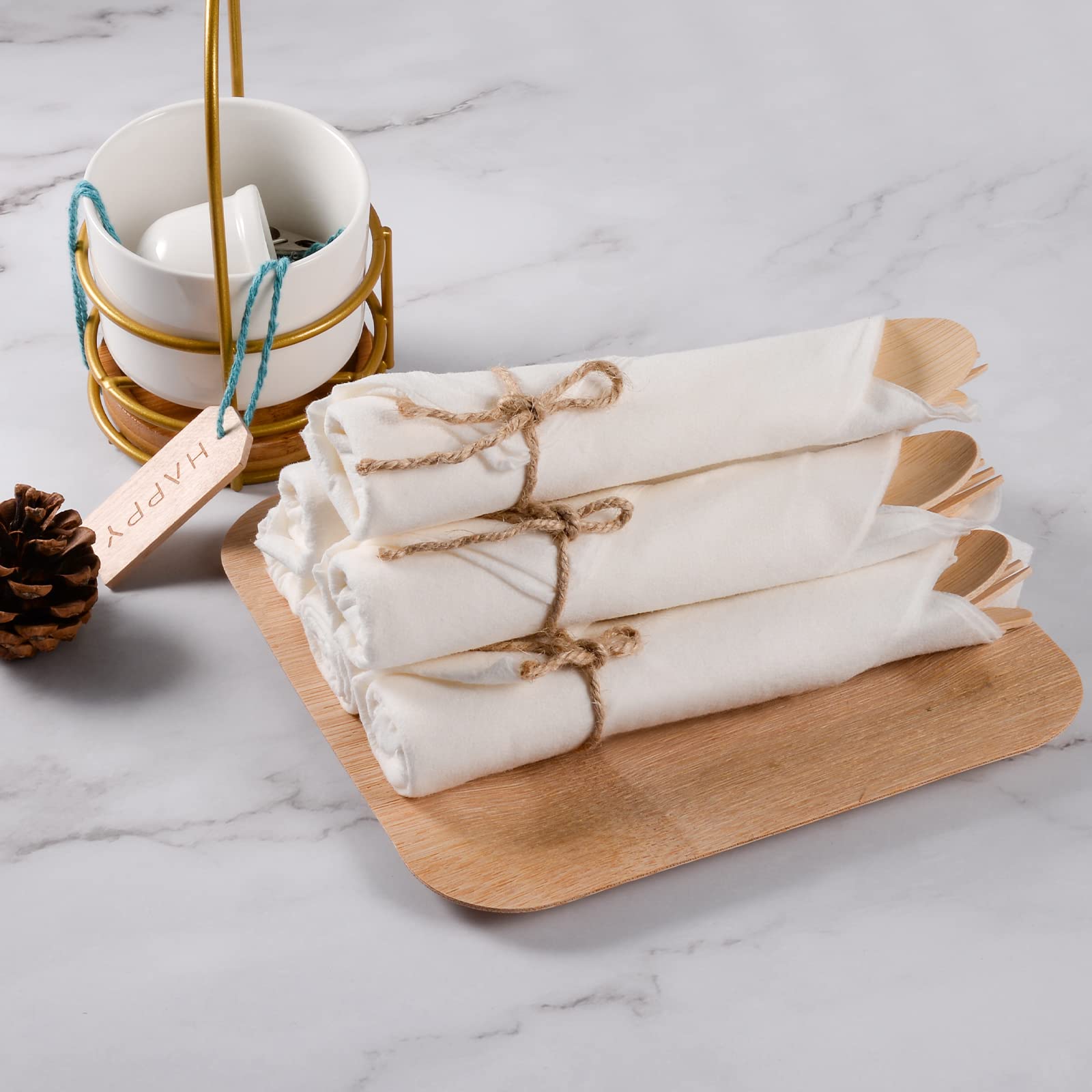 Pre Rolled Napkin and Bamboo Cutlery Set - 50Pack Bamboo Utensils/Compostable Cutlery(50 Forks, 50 Knives, 50 Spoons, 50 Napkins), Biodegradable Wrapped Cutlery for Party, Wedding, Events