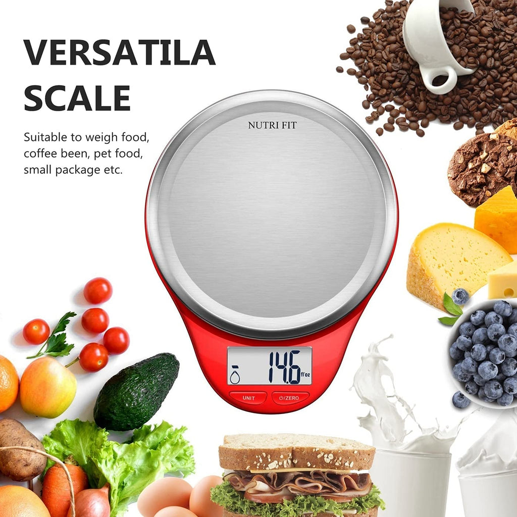 NUTRI FIT Digital Kitchen Scale - Large Stainless Steel Platform for Accurate Baking & Cooking | 1g Increment, Red